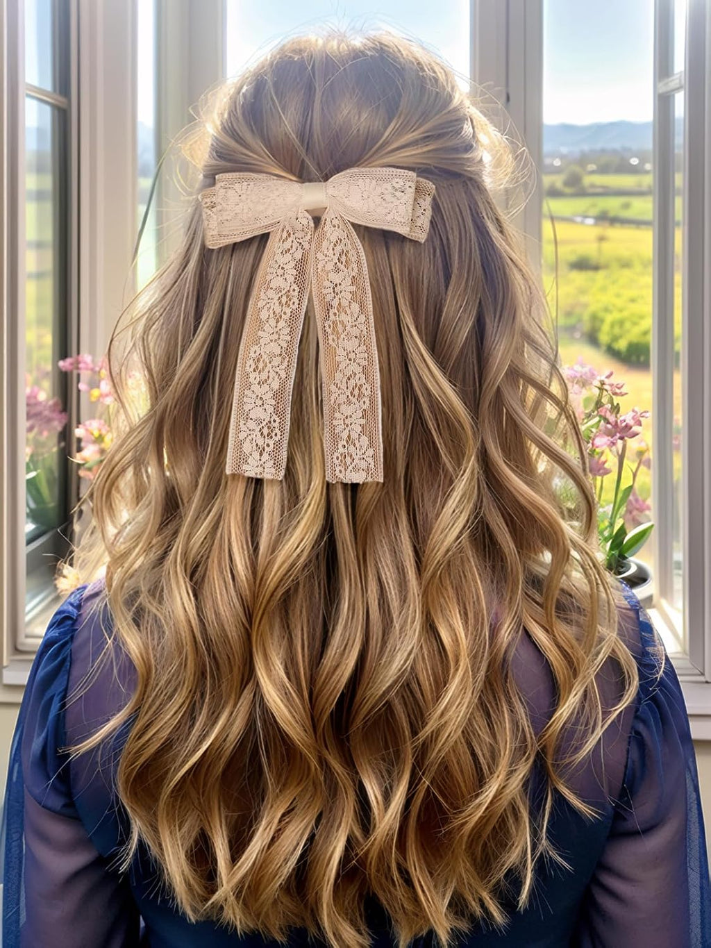 Skiennix White Lace Tulle Hair Bows - Long Tail Ribbons & Tassel Barrettes for Women