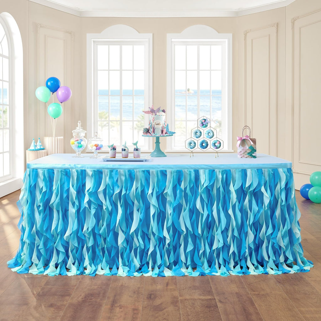 leegleri 108in Tulle Ruffle Curly Willow Table Skirt for 4/6/8FT Tables, Under The Sea Ocean Blue Baby Shark Themed Tutu Table Skirt for Baby Shower, Birthday Party