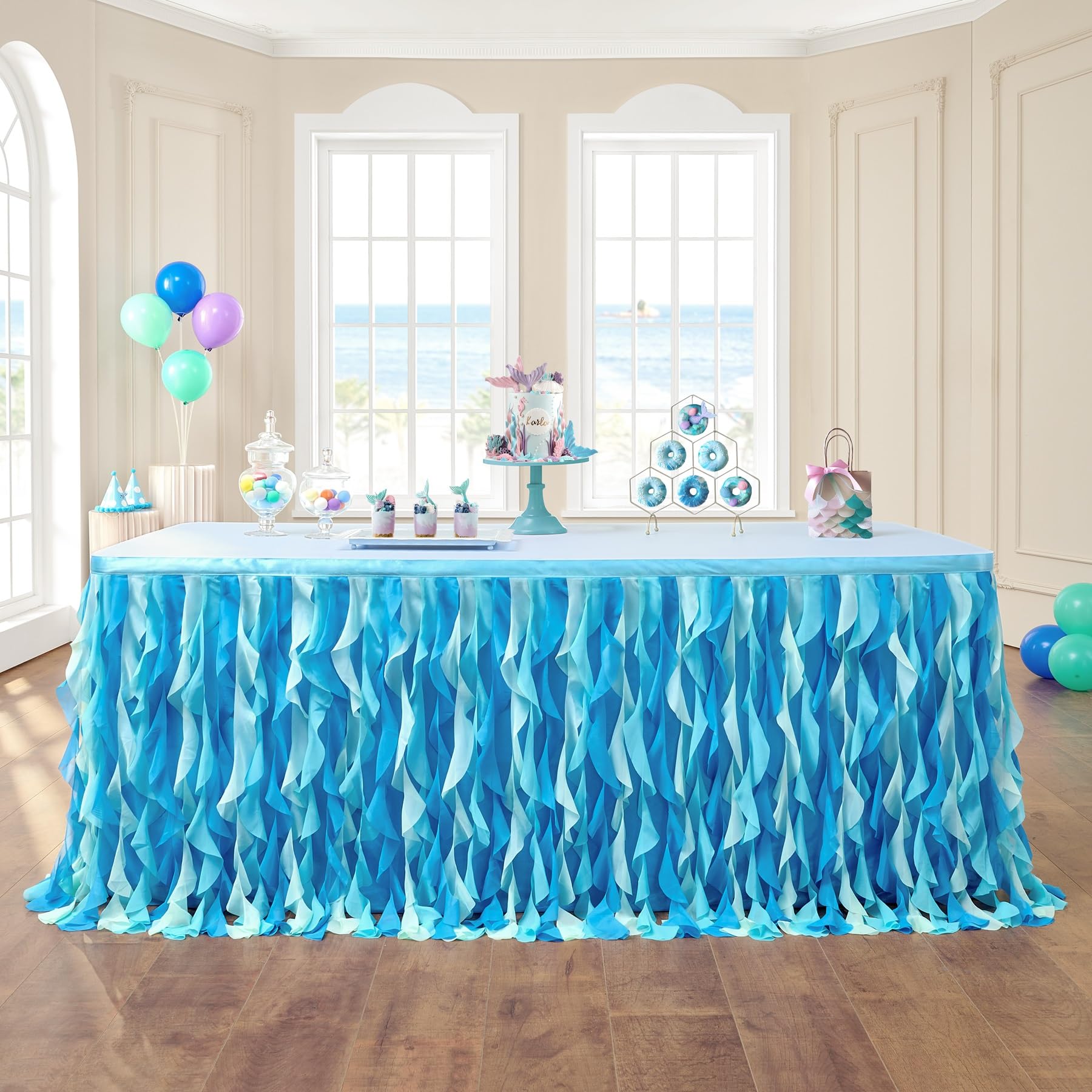 leegleri 108in Tulle Ruffle Curly Willow Table Skirt for 4/6/8FT Tables, Under The Sea Ocean Blue Baby Shark Themed Tutu Table Skirt for Baby Shower, Birthday Party