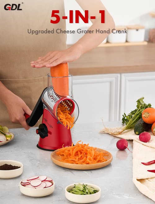 GDL Rotary Cheese Grater Hand Crank with 5 Interchangeable Blades - Upgraded Cheese Shredder Featuring Strong Suction Base for Cheese Shredding, Wavy Slicing, Nut Grinding, Ice Shaving