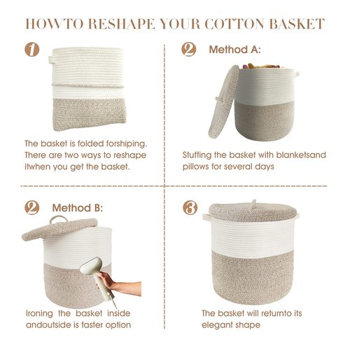 Large Storage Basket with Lid 60L, 16"Wx18"H Woven Laundry Hamper Basket with Handle, Room Decor Cotton Rope Wicker Basket Toy Organizer Bins for Clothes Blankets Pillows, Beige/White Mix includes Lid