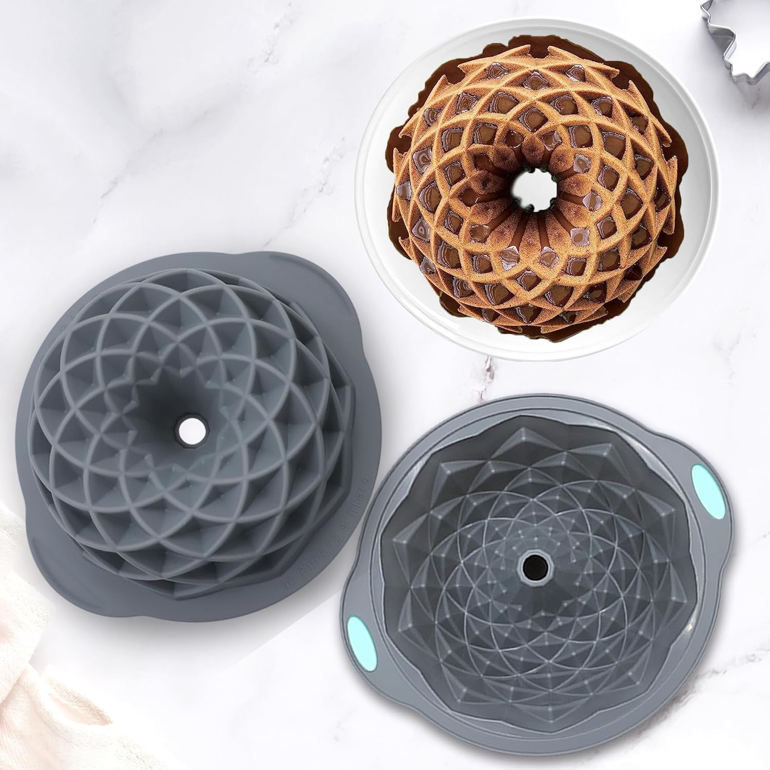 Tongjude Silicone Fluted Cake Pans - Non-Stick 4-Piece Set for Baking Cakes & Jello | 6/7/8 Cups, Grey