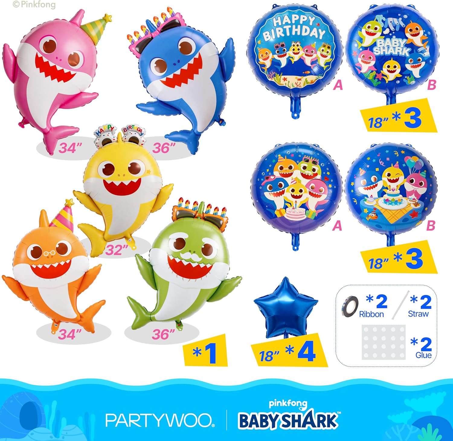 PartyWoo Baby Shark Family Foil Balloons - 13pcs Blue Round & Star Mylar Helium Balloons for Kids' Birthday Party Decorations