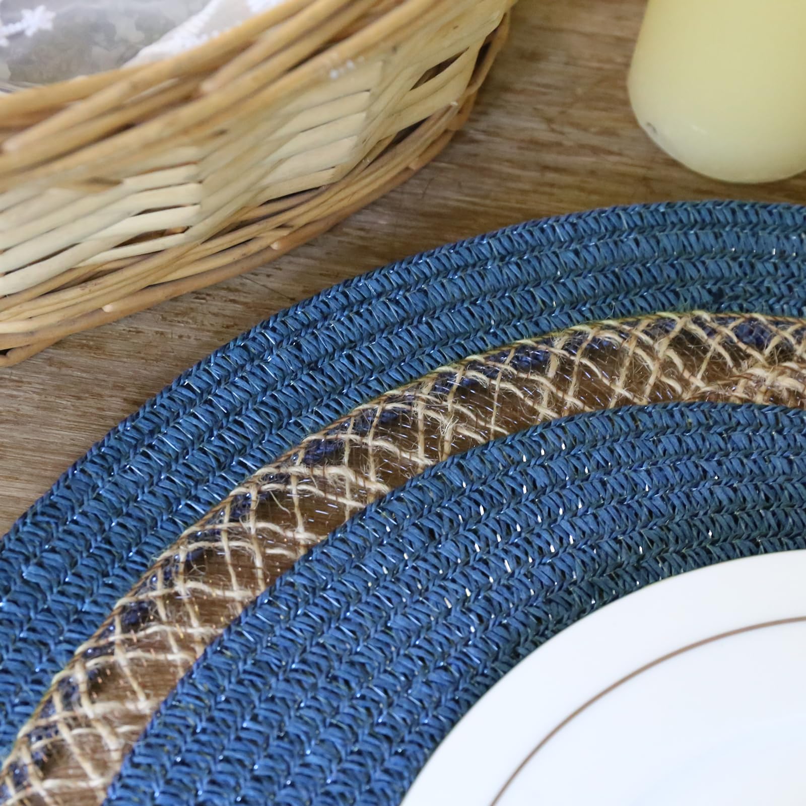 AHHFSMEI Round Paper and Jute Braided Placemats Set of 6 Non-Slip Heat Resistant Table Mats for Dining Tables Indoor & Outdoor Place mats for Daily Use (Blue,6)
