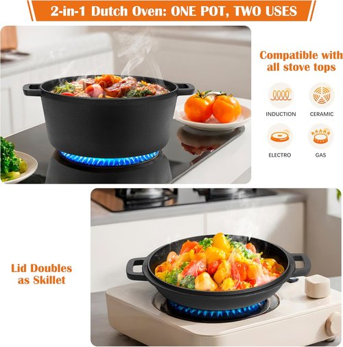 E-far 5QT Dutch Oven - Versatile Cast Iron Pot with Skillet Lid & Sourdough Starter Kit | Ideal for Baking, Frying, BBQ