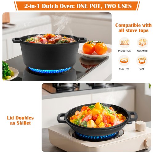E-far 5QT Dutch Oven for Bread Baking, 2-IN-1 Cast Iron Pot with Skillet Lid & Sourdough Starter Kit, Bread Oven Pan with Baking Supplies for Frying, Braising, BBQ, Rust-Free & Heavy Duty