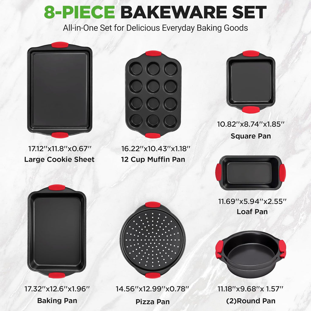 NutriChef Non-Stick Baking Pans Set - Deluxe Commercial Grade Bakeware with Red Silicone Handles | 8 Piece Gray Coating