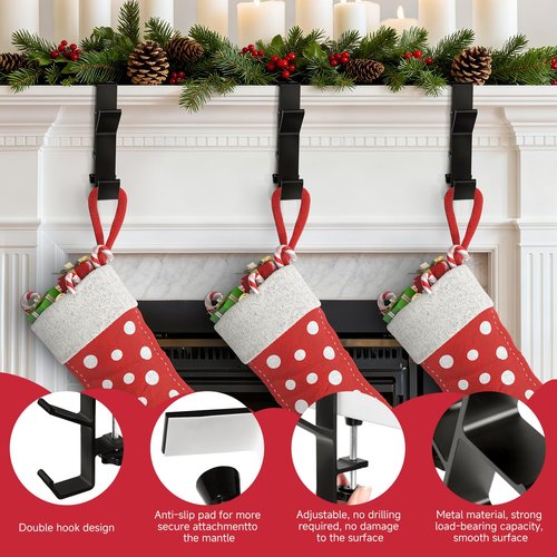 Auzky 4 Pack Stocking Holders for Mantle, Mantle Garland Hangers, Fireplace Stocking and Garland Hanger, No Drilling Required, Adjustable, Metal, Black