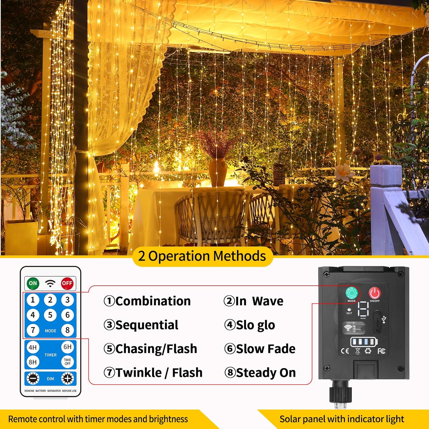 Skiennix Solar Curtain Lights - Waterproof 10x10 Ft 300 LED Twinkle Fairy Lights | 8 Modes, Remote Control, Rechargeable for Outdoor Events