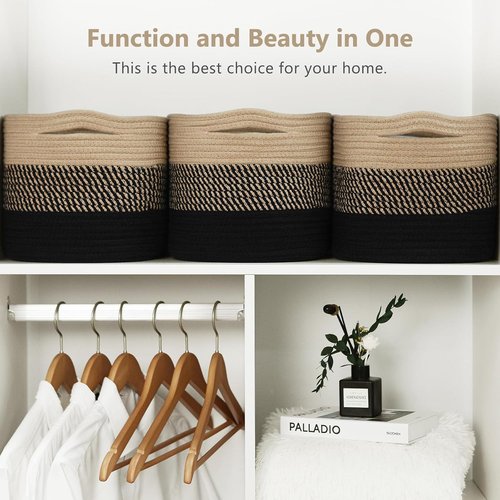 ECDYQXVU Cotton Rope Storage Basket - Woven Organizer for Shelves, Towels & Laundry | 15x10x9 Inches, Gradient Black/Brown (3 Pack)