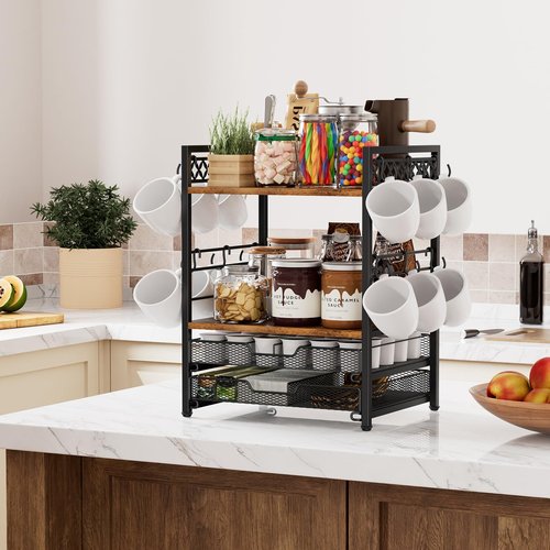 Plaviya Coffee Bar Organizer Countertop Station Shelf, 4 Tier Mug Cup Holder Stand with 12 Hooks, 30 K Cup Coffee Pod Holder, Multifunctional Coffee Shelf Organizer for Accessories Station Kitchen