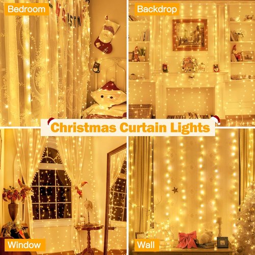 ANUONER 3x3M,300 LEDs USB Curtain Light for Bedroom,8 Modes Hanging Lighting LED Curtain Lights for Wedding Party Christmas Home Garden Outdoor&Indoor Decorations(Warm White)