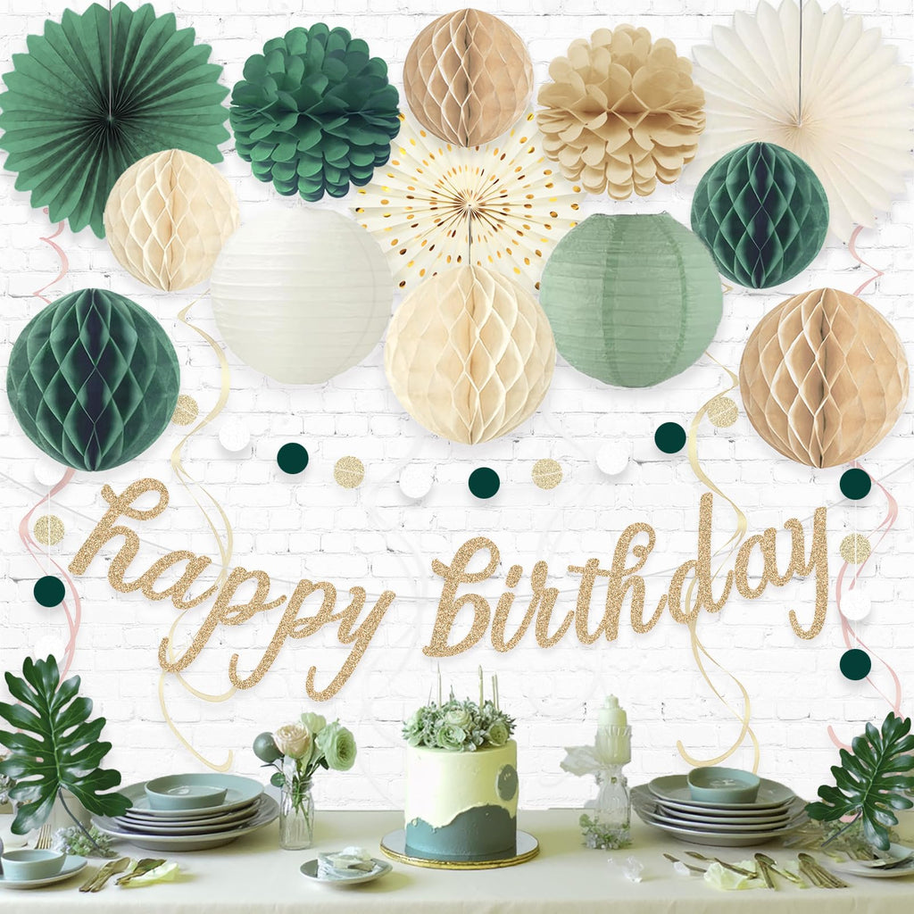 Sage Green Happy Birthday Decorations, Pre-Strung Happy Birthday Banner with Honeycomb Balls, Paper Flowers, Lanterns, Hanging Swirls, Circle Dots Garland for Birthdays Party Decorations 24pcs