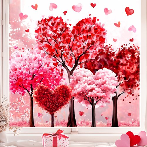 JarThenaAMCS Valentine's Day Window Clings Window Stickers Love Heart Tree Double-Sided Glass Decals for Wedding Anniversary Home Office Classroom Party Wall Decor, 9 Sheets