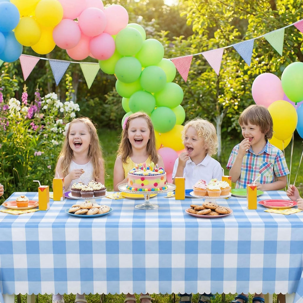 Skiennix Blue Gingham Tablecloths - 3 Pack | 54 x 108 Inch Scalloped Design for Parties & Events
