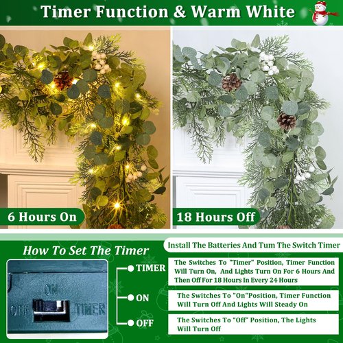 Prelit & Timer - 6 Ft Christmas Garland with Lights, Real Touch Cedar Garland Soft Bendable Thickness Eucalyptus Cypress Pine Garland with Pinecone Berry, Lighted Garlands for Mantle Table Stairs