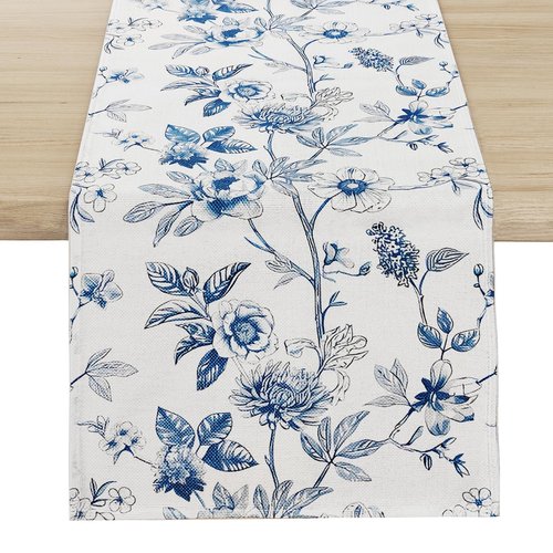Rotumaty Blue and White Floral Table Runner - Monochrome Sketch Flowers Chinoiserie Peony Daisy Decor Summer Spring Seasonal Home Decorations for Kitchen Dining Table Party Ornaments 13 × 72 Inch