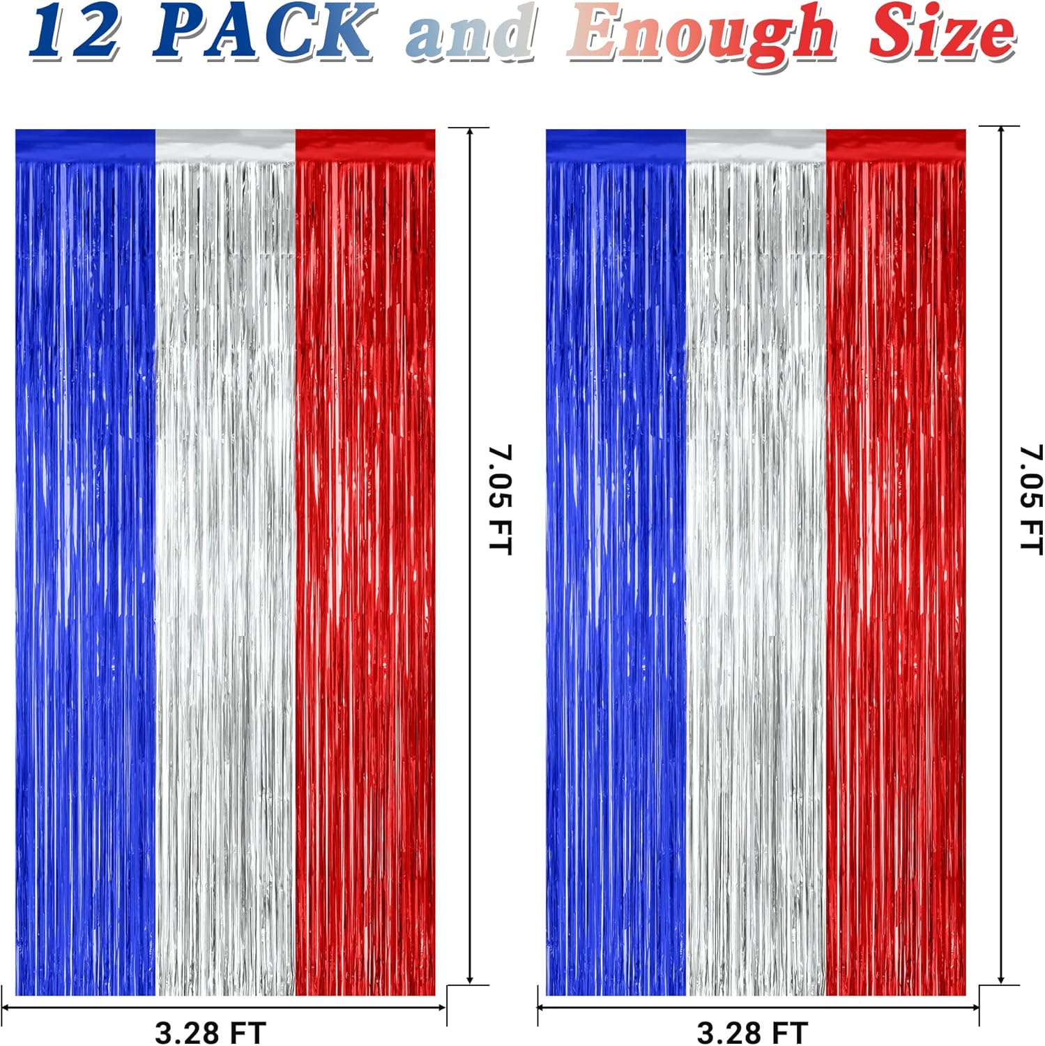 Patriotic Tinsel Backdrop by [Brand Name] - 12 Pack Metallic Blue, Silver & Red Fringe Curtains | 3.28 FT x 7.05 FT Independence Day Party Decor
