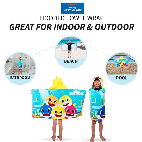 Franco Kids Bath and Beach Soft Cotton Terry Hooded Towel Wrap, 24" x 50", Baby Shark
