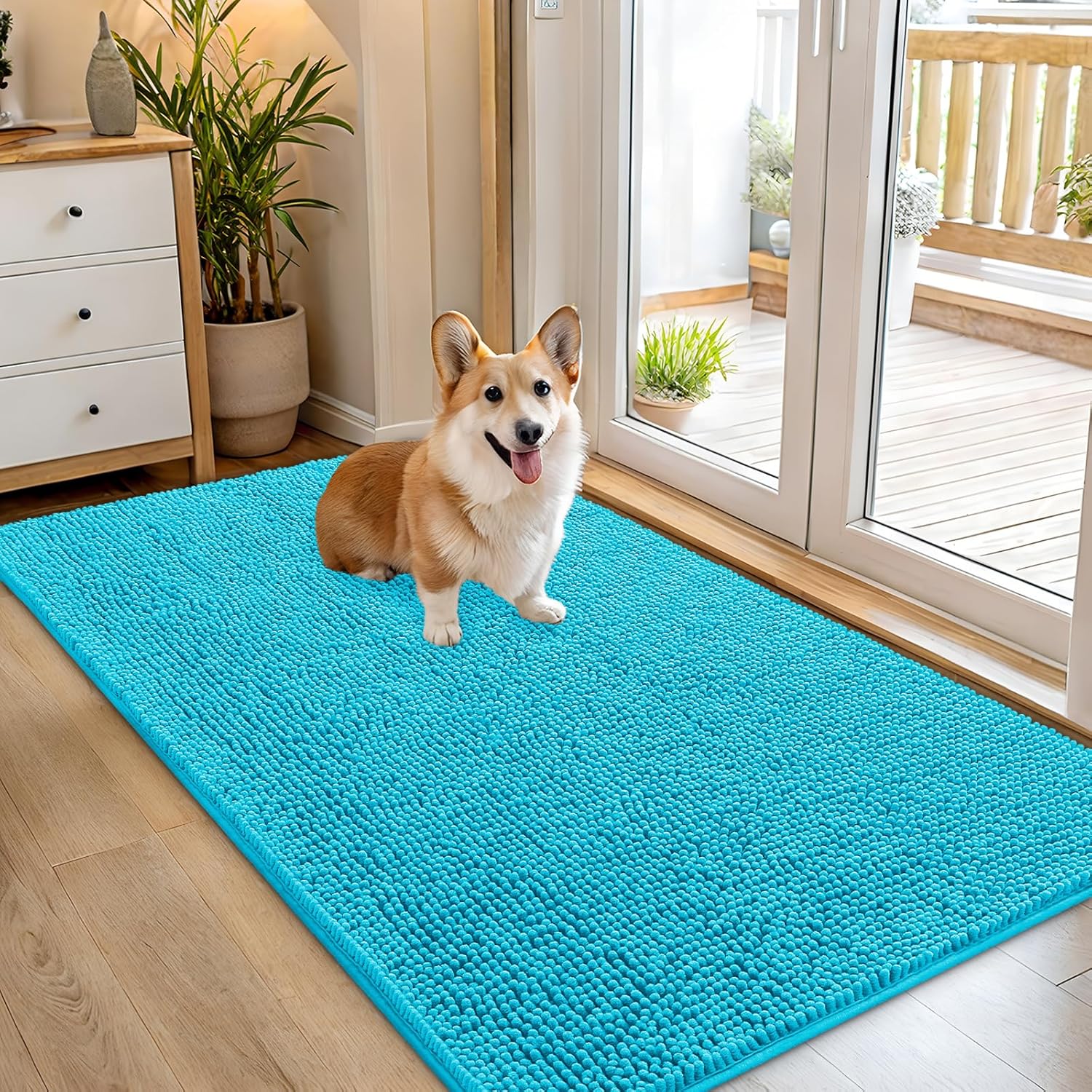 OLANLY Dog Door Mat - Absorbent Non-Slip Washable Doormat for Muddy Paws | 54x32 Aqua Blue