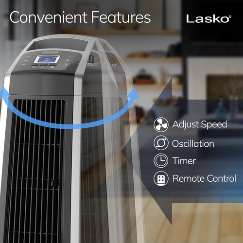 Lasko High Velocity Oscillating Tower Fan - Remote Control, Timer, 3 Speed Settings | 35" Silver/Black