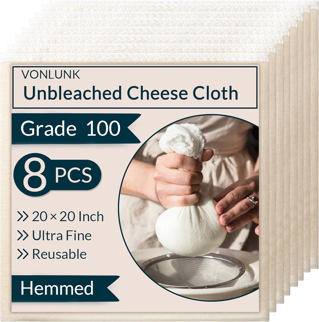 Skiennix 8-Pack Cheesecloth - 20x20 Inch Reusable Unbleached Cotton Strainer for Cooking & Baking