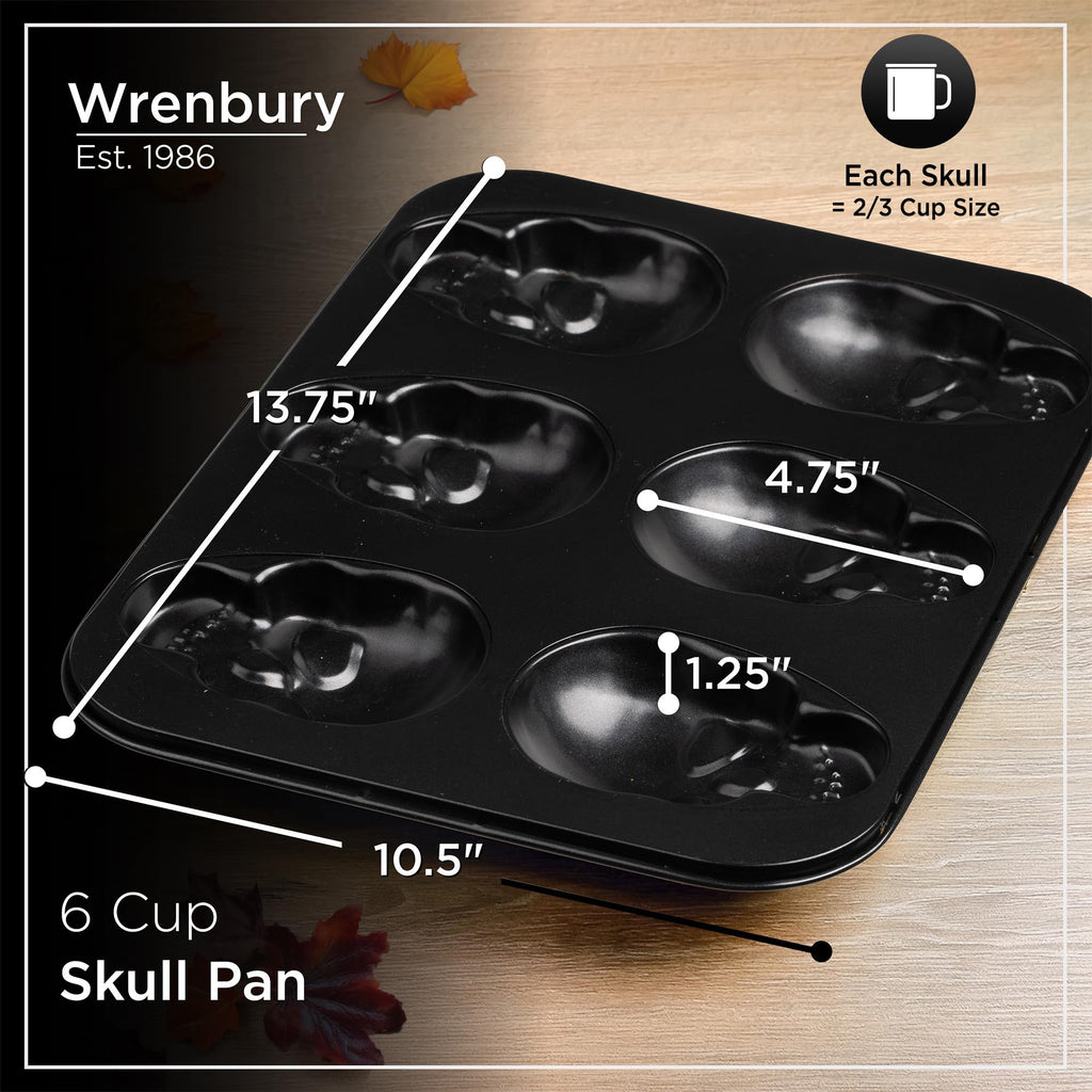 Wrenbury Large Skull Baking Pan - 6 Cup Metal Muffin Tin for Pizza Cupcakes