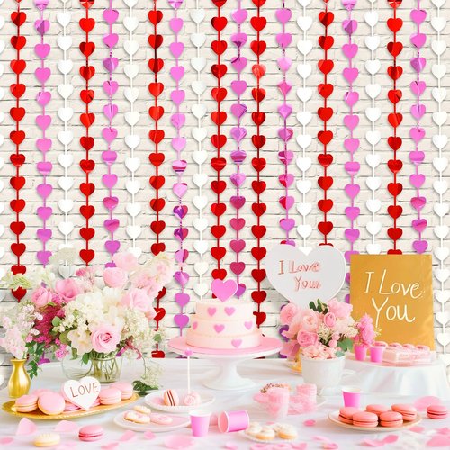 LOLStar Valentines Decorations, 2 Pack Valentines Party Decoration,3.3x6.6ft Red, Pink, White Heart Shape Tinsel Foil Fringe Curtains Photo Backdrop,Streamer Backdrop for Birthday,Engagement,Wedding