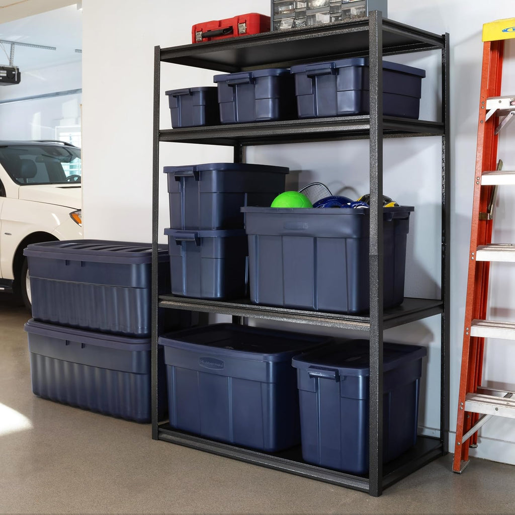 Rubbermaid Roughneck 18 Gal Tote - Rugged Stackable Storage Bins with Lids & Handles | Dark Indigo Metallic, 6 Pack