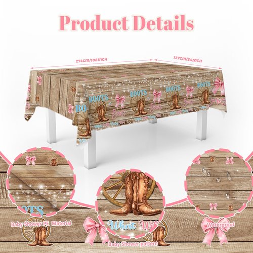 MEHOFOND 3 Pack Boots or Bows Gender Reveal Tablecloth, Pink or Blue Disposable Plastic Table Cover 54x108 Inch, Western Rustic Wood Cowgirl Cowboy Gender Reveal Party Supplies