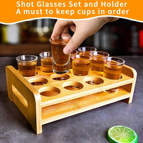 Supwinnet Shot Glasses Set of 12 Tray Serving Holder 1oz/30ml Bulk Glass Cups Thick Base with Stand Organizer for Tequila Party Club Bar Home Restaurant Kitchen Glassware Spirit Tasting Gift