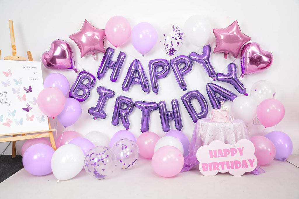 Regine Switzerland Pink Purple Birthday Decorations - Happy Birthday Balloon Banner & Confetti Balloons for Girls & Kids