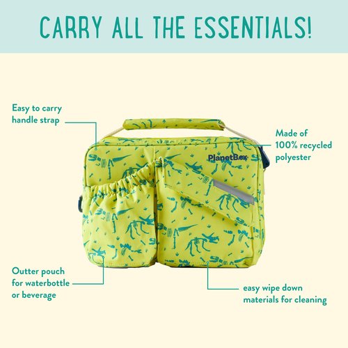 PlanetBox Insulated Lunch Bag – Banana Dino Edition Carry Bag with Pockets for Water Bottle and Snacks – Durable, Easy to Clean, and BPA Free