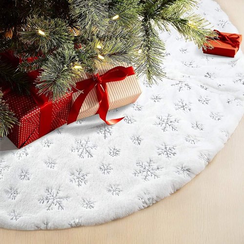 48inch White Christmas Tree Skirt Tree Carpet Blanket, Soft 4ft Xmas Christmas Tree Blanket with Silver Snowflake White Faux Fur Carpet for Christmas Holidays
