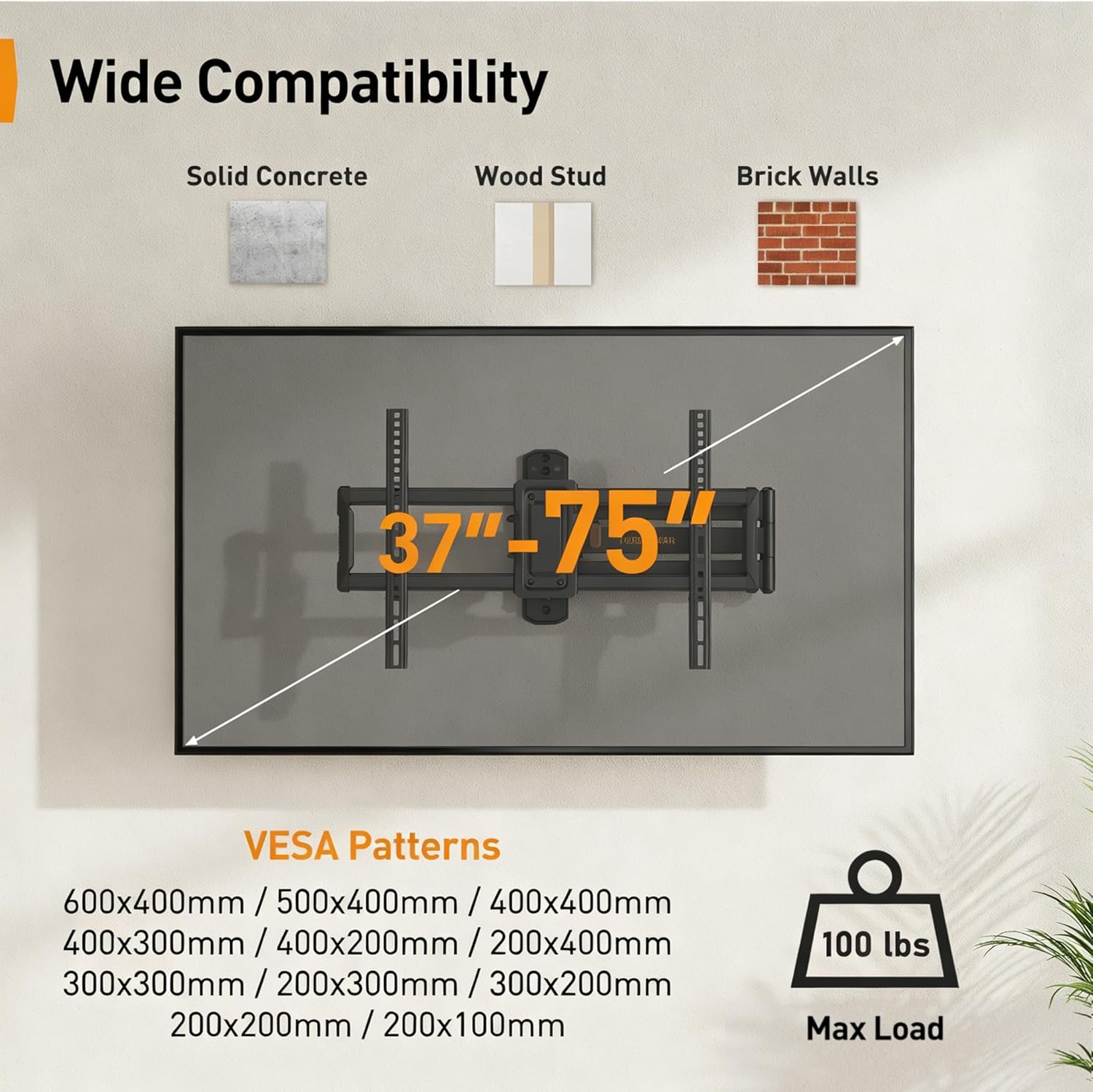 Perlegear Corner TV Wall Mount - Full Motion Bracket for 37-75 Inch TVs | 32.37” Extension & 100 lbs Capacity
