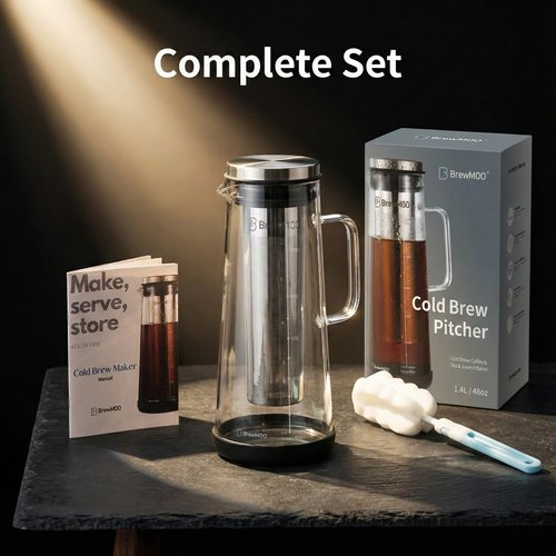 BrewMOO- Airtight Cold Brew Coffee Maker Pitcher, 1.4L/48Oz Thick Glass Carafe with Filter, Comfort Sturdy Handle & Wide Spout, Non-Slip Base | Iced Tea Maker (Black)