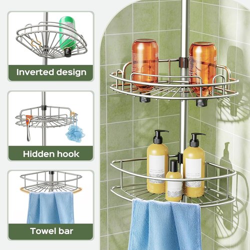 HAMITOR Shower Caddy Tension Pole - 4-Tier Rustproof Bathroom Organizer | No-Drill Adjustable Shelf - 47-123 Inch Silver Gray
