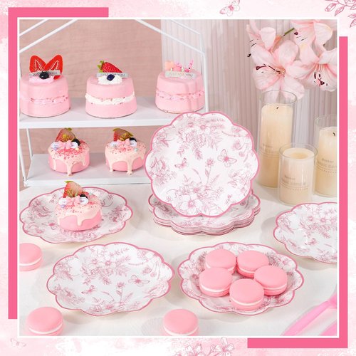 NatNarr 30Pcs Pink Floral Paper Plates, 7inch Scalloped Vintage Plates Pink Flower Paper Plate Disposable Tea Party Plate for Garden Party Birthday Baby Bridal Shower Valentines