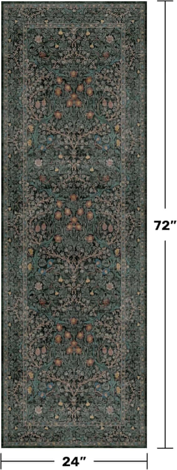 Skiennix Non-Slip Kitchen Runner Rug - Washable Boho Vintage Floral Design | Dark Green 2x6 Size