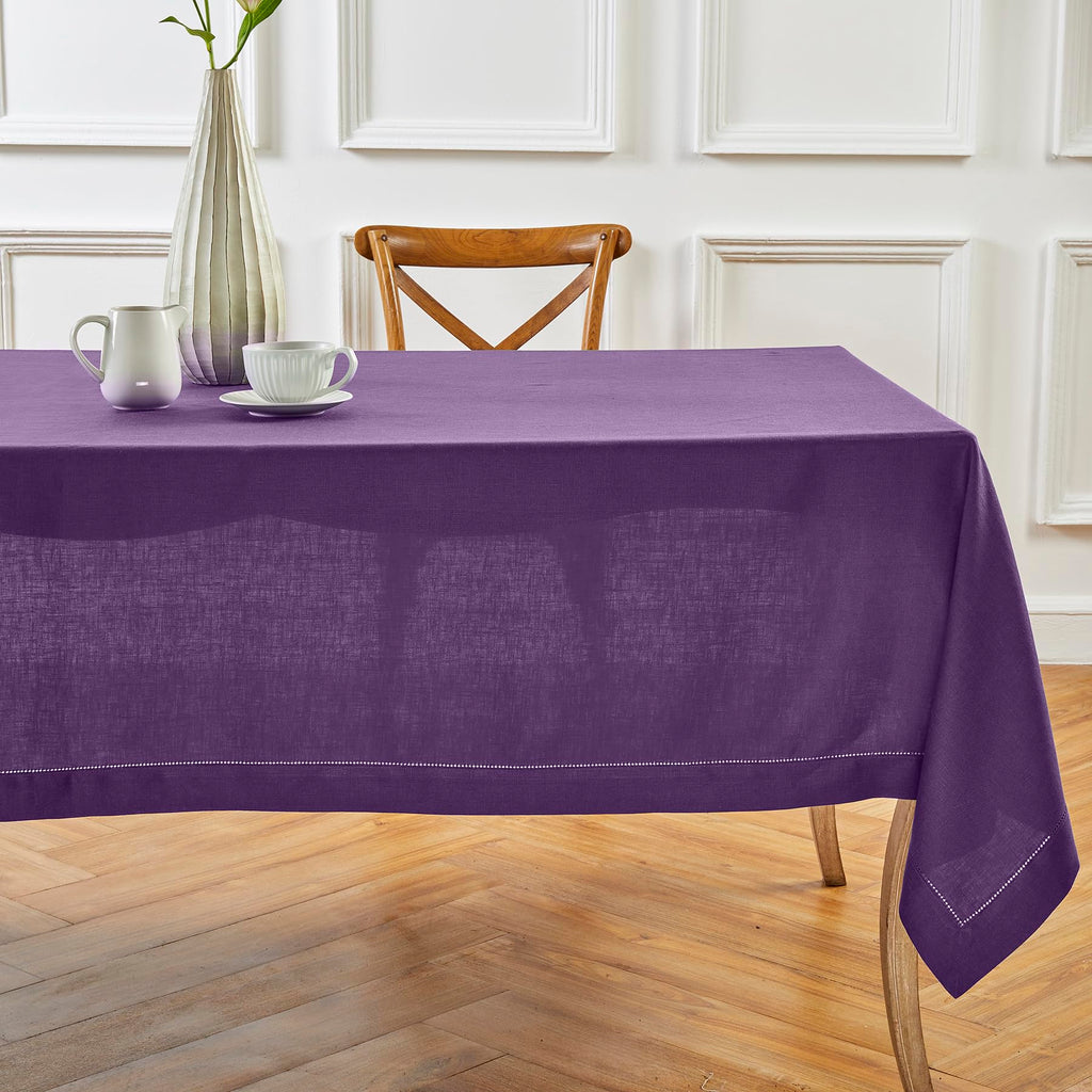 Solino Home Linen Purple Tablecloth 54 x 72 Inch - Classic Hemstitch, 100% Pure Linen Rectangular Tablecloth - Machine Washable Table Cloth for Mothers Day, Spring, Summer
