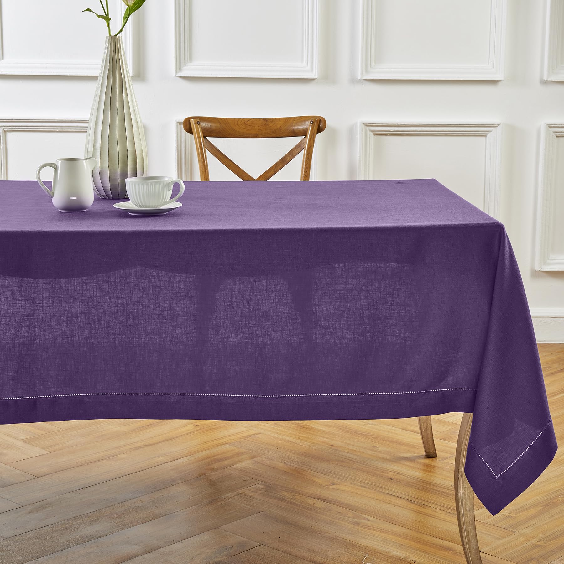 Solino Home Linen Purple Tablecloth 54 x 72 Inch - Classic Hemstitch, 100% Pure Linen Rectangular Tablecloth - Machine Washable Table Cloth for Mothers Day, Spring, Summer
