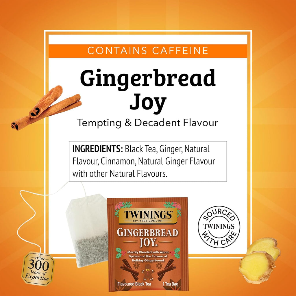 Twinings Gingerbread Joy Black Tea - Caffeinated Ginger & Cinnamon Flavor, 20 Individually Wrapped Bags
