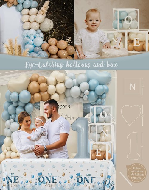 1st Birthday Decorations for Boy, First Birthday Party Supplies, Baby Boy First Bday Decorations, Balloon Boxes, Backdrop, High Chair Banner, Crown, Photo Banner