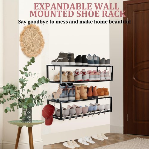 Jchccu 4 Pack Expandable Wall Mounted Shoe Rack, 17"-31" Adjustable Hanging Shoe Rack Holds 32 Pairs, Heavy Duty Metal Shoe Holder with 8 Storage Hooks, Space Saving for Entryway Closet Doorway（Black