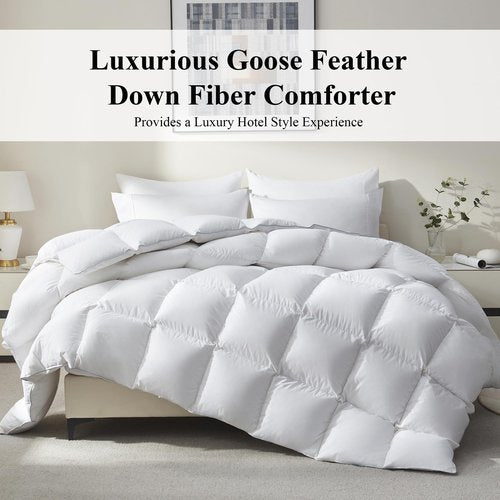 Ubauba Goose Feather Down Fiber Comforter Queen Size - All Season White Fluffy Duvet Insert - Luxurious Hotel Bedding Comforter - Ultra Soft 100% Cotton Cover, Medium Warmth (90x90 Inch)