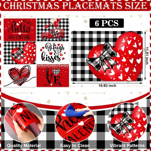 Gandeer Set of 6 Valentine's Buffalo Plaid Placemats 17 x 12'' Hearts Love Truck Place Mats Plastic Table Mat Romantic Farmhouse Modern Kitchen Decor for Valentine February Home Dinner Dining Party