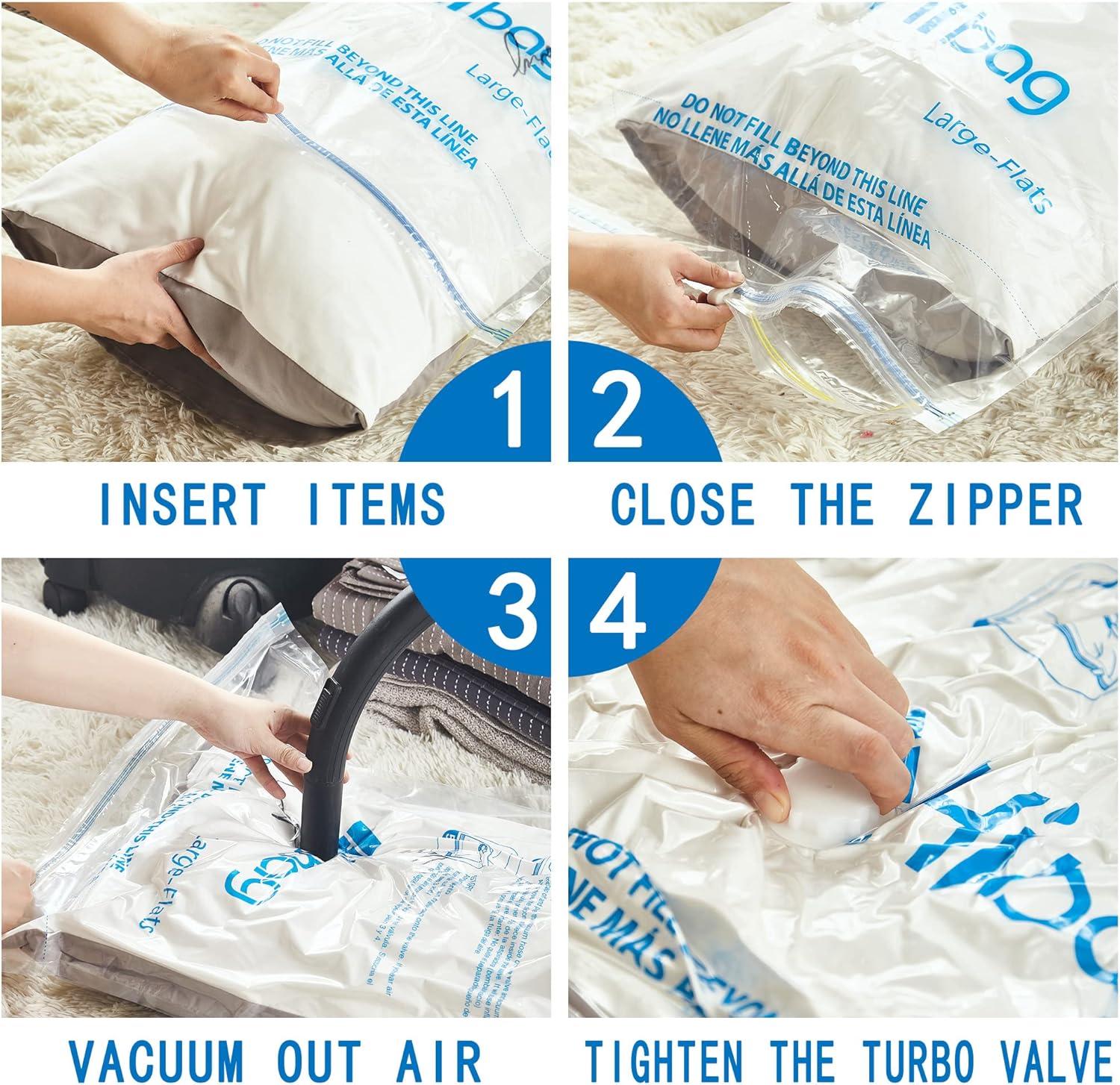 Skiennix Vacuum Storage Bags - 8 Small Space Saver Bags for Clothes with Hand-Pump - Clear