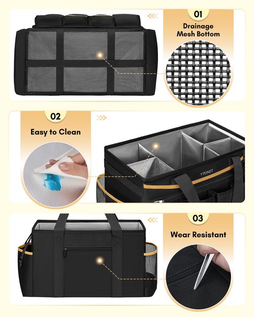Ytonet Cleaning Caddy Bag with Detachable Apron, Extra Large Cleaning Supplies Organizer with Foldable Dividers, Portable Cleaner Tote with Handle, Cleaner Caddy for Housekeeper, Black