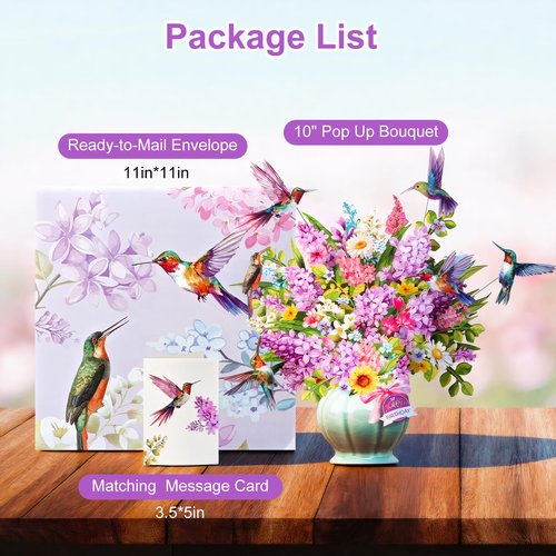 Birthday Cards, Light and Music Happy Birthday Card, Hummingbird Oasis, 10 Inch Life Sized Forever Flower Bouquet, 3D Pop Up Birthday Gift Card for Women Wife Mom Daughter Sister (Blank Notecard & Envelope)