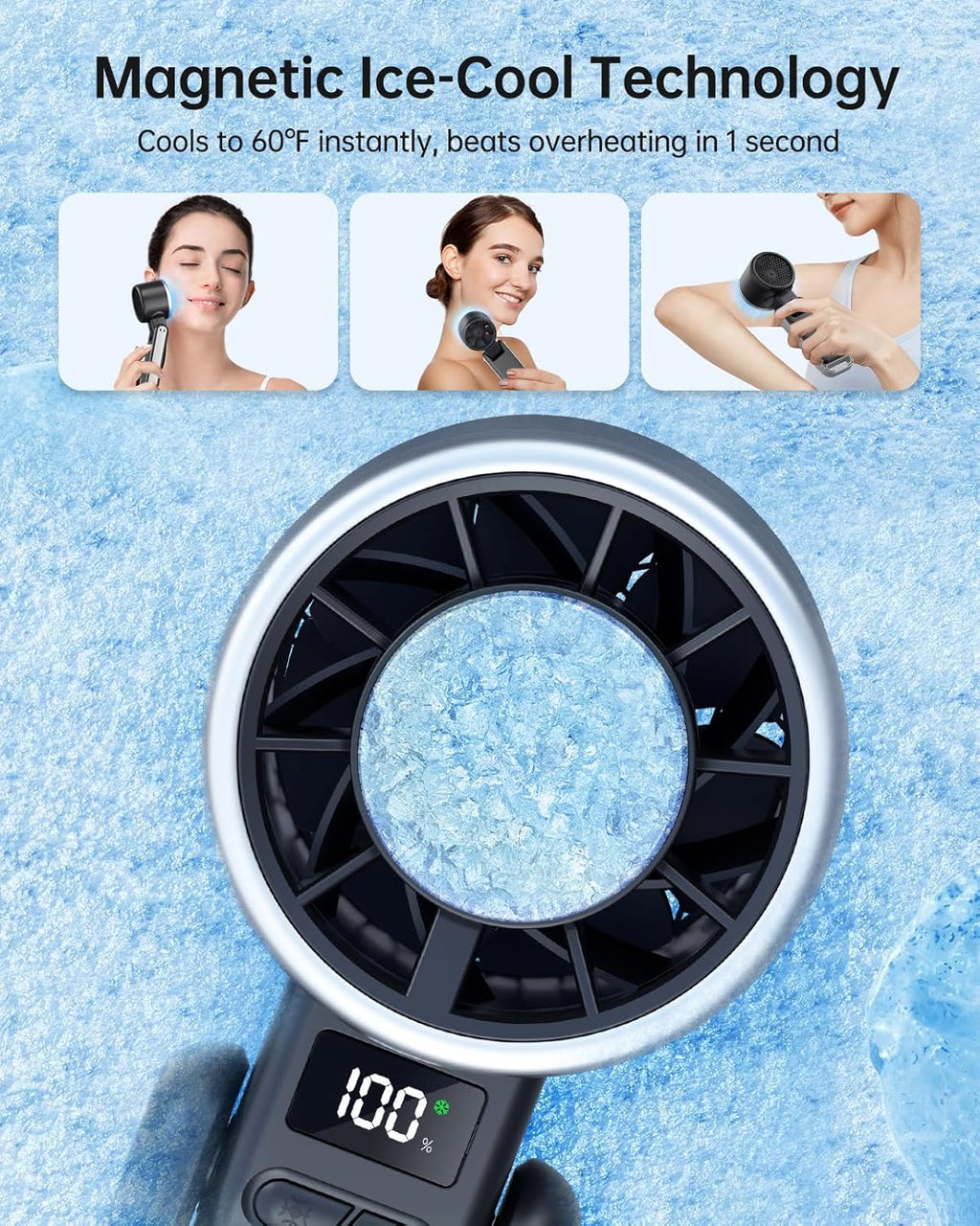 TriPole Portable Handheld Turbo Fan - 5-Speed Rechargeable Mini Fan with Ice Cooling | Foldable Neck & Desk Design for Travel & Outdoor Use